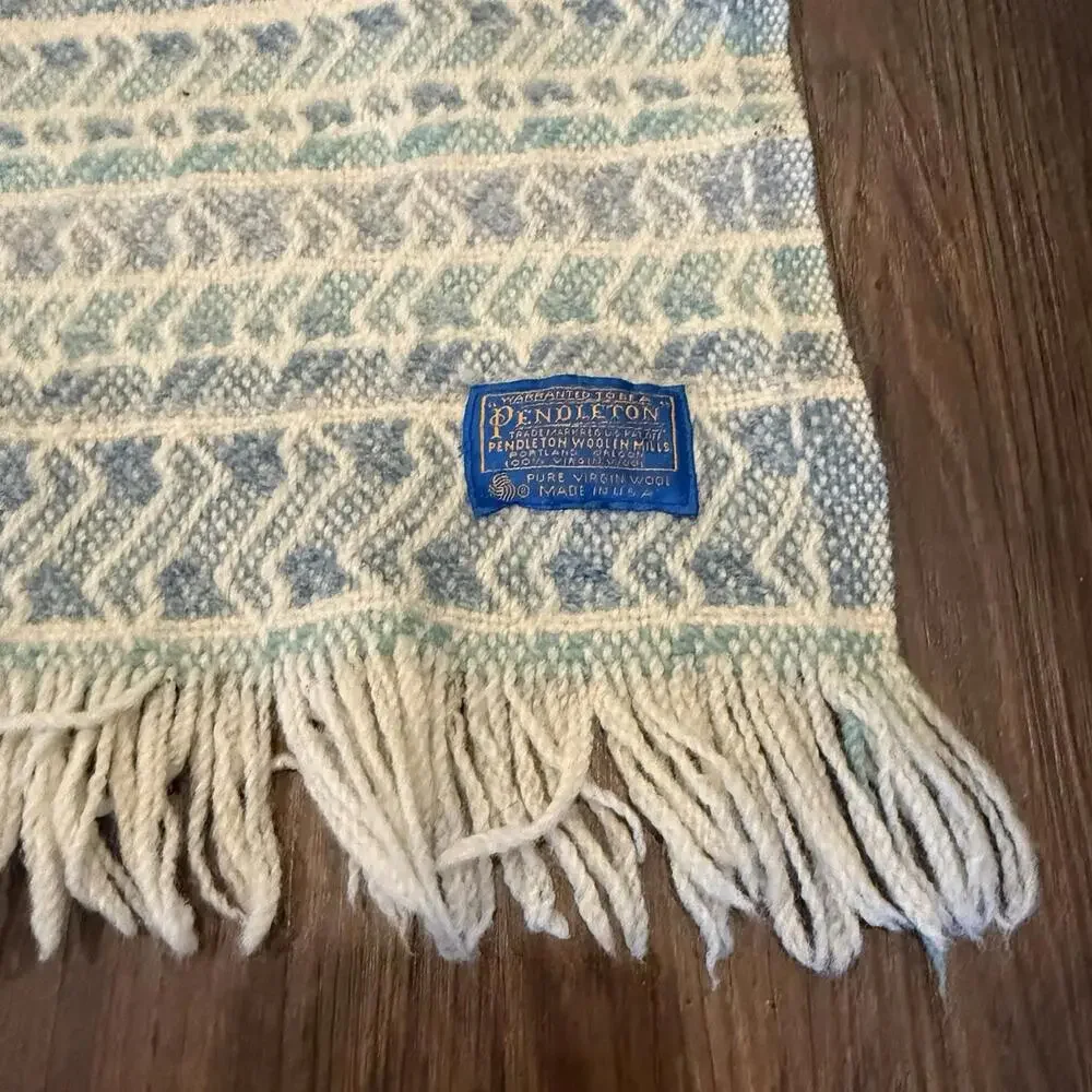 Vintage 90s RARE Pendleton Woolen Mills Fringed Throw Blue Label Blue Gold 60x48